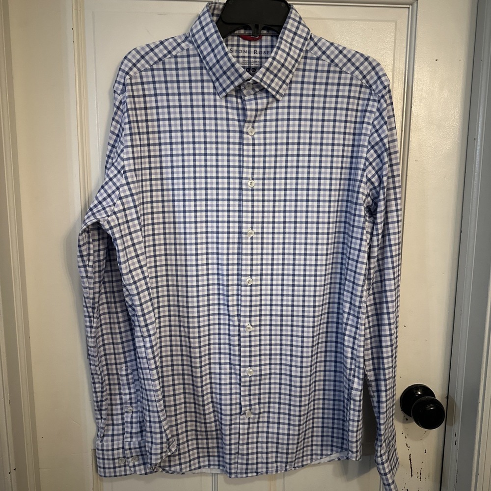 STONE ROSE MENS PURPLE /BLUE CHECK KNIT DRESS SHIRT SIZE Large MSRP‎ $145
